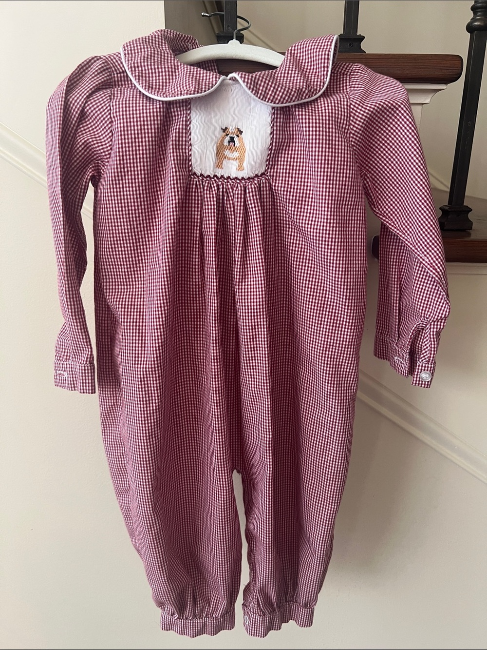 Smocked Maroon Gingham Boy One-Piece with Bulldog Embroidery